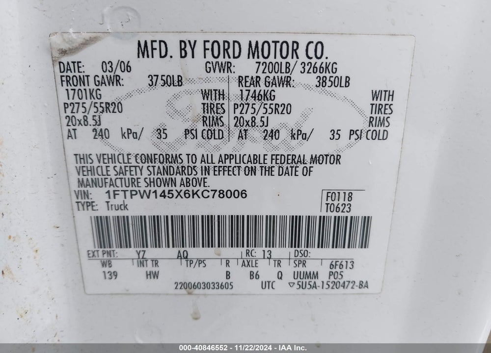 2006 FORD F-150 FX4/LARIAT/XLT VIN: 1FTPW145X6KC78006