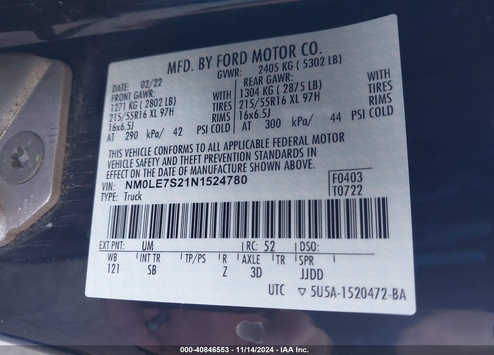 2022 FORD TRANSIT CONNECT VIN: NM0LE7S21N1524780