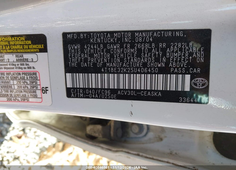2005 TOYOTA CAMRY SE VIN: 4T1BE32K25U406450
