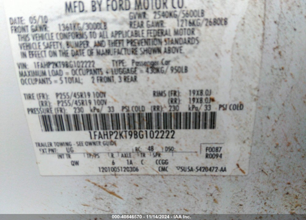 2011 FORD TAURUS SHO VIN: 1FAHP2KT9BG102222