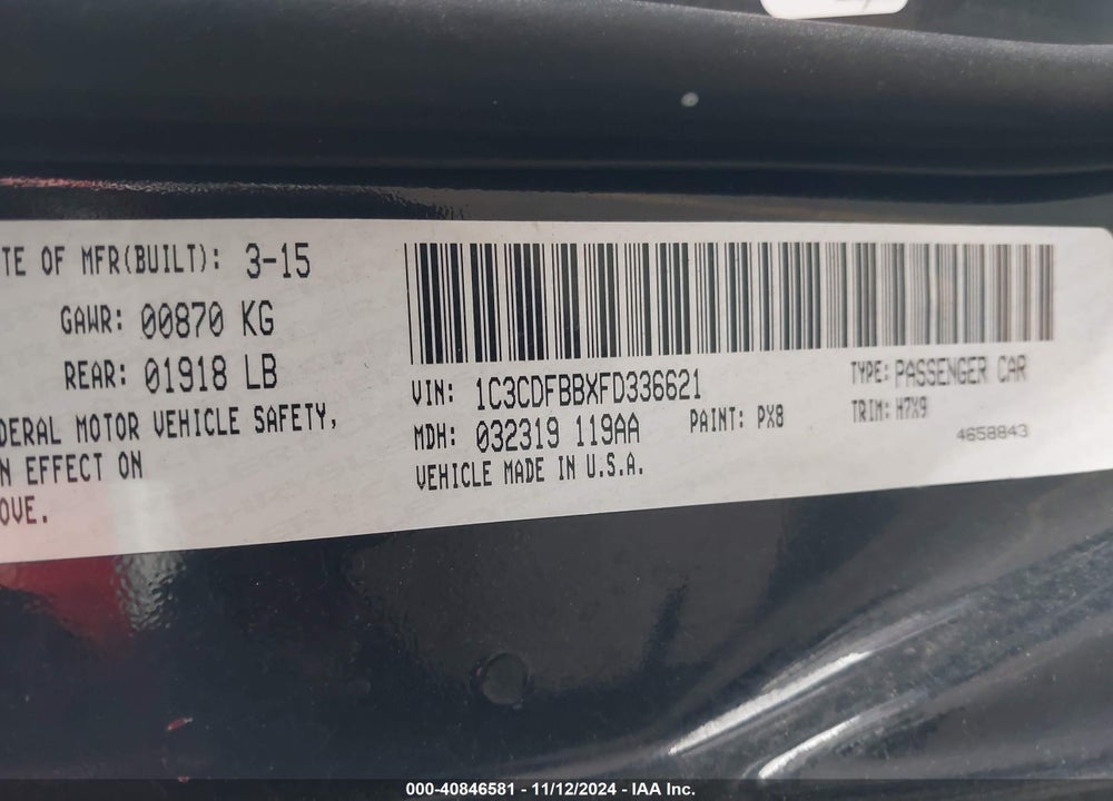 2015 DODGE DART SXT VIN: 1C3CDFBBXFD336621