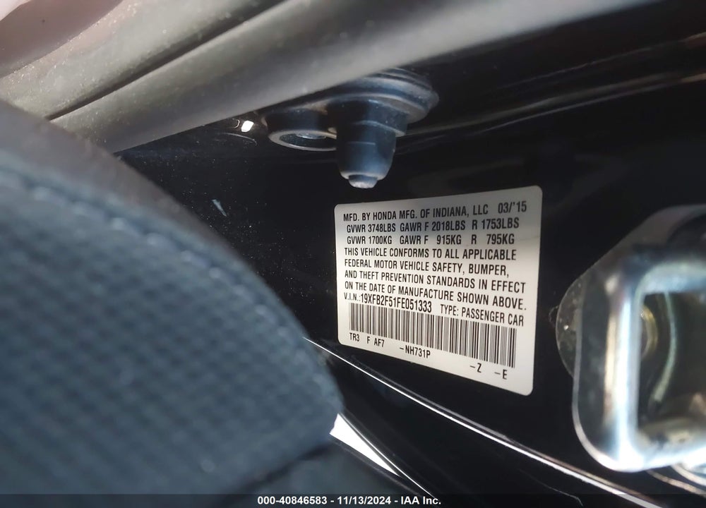 2015 HONDA CIVIC LX VIN: 19XFB2F51FE051333