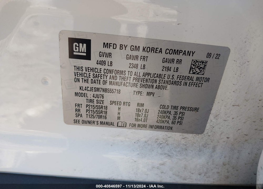 2022 BUICK ENCORE AWD PREFERRED VIN: KL4CJESM7NB555718