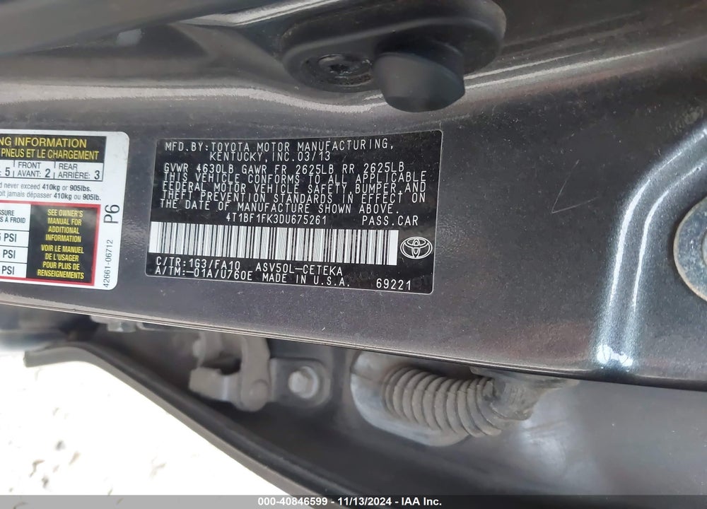2013 TOYOTA CAMRY L VIN: 4T1BF1FK3DU675261