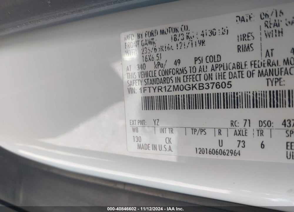 2016 FORD TRANSIT-250 VIN: 1FTYR1ZM0GKB37605
