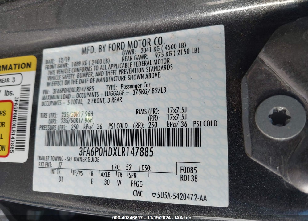 2020 FORD FUSION VIN: 3FA6P0HDXLR147885