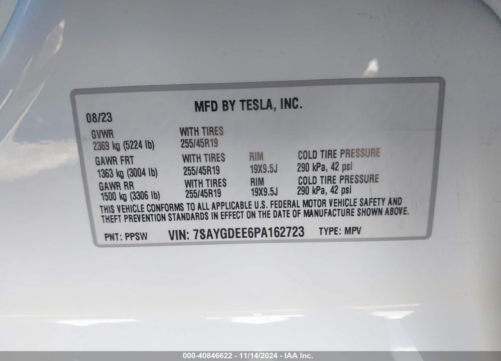 2023 TESLA MODEL Y AWD/LONG RANGE DUAL MOTOR ALL-WHEEL DRIVE VIN: 7SAYGDEE6PA162723