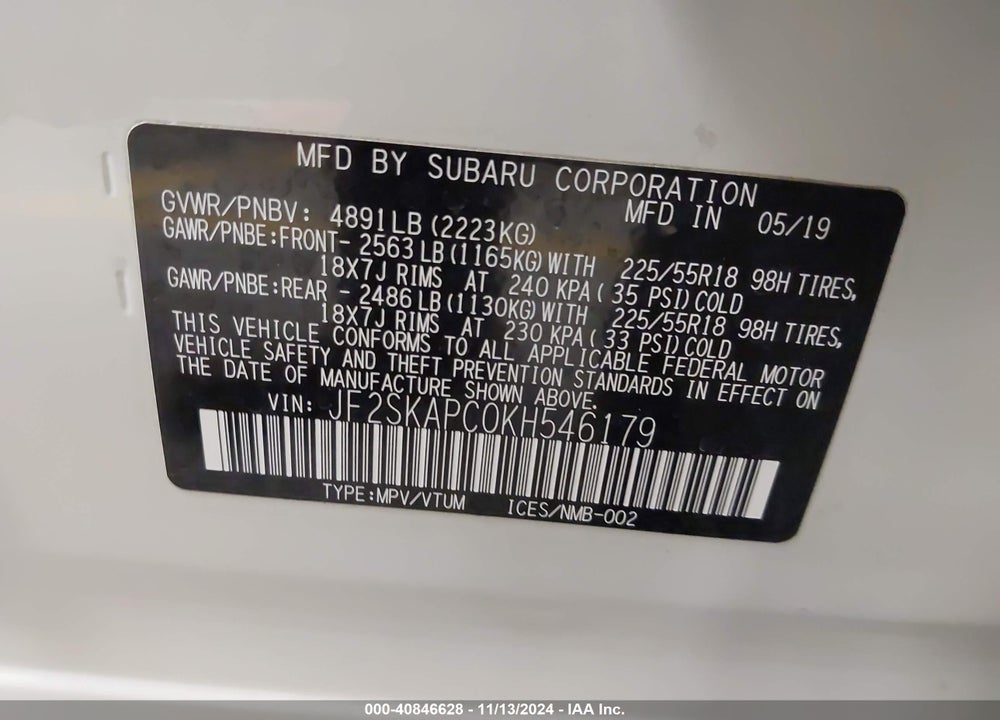 2019 SUBARU FORESTER SPORT VIN: JF2SKAPC0KH546179