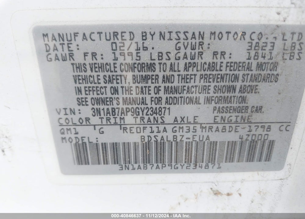 2016 NISSAN SENTRA FE+ S/S/SL/SR/SV VIN: 3N1AB7AP9GY234871