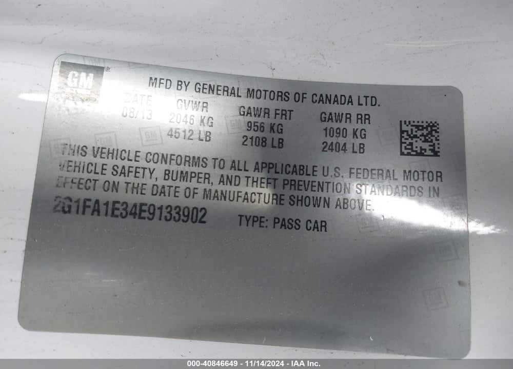2014 CHEVROLET CAMARO 2LS VIN: 2G1FA1E34E9133902