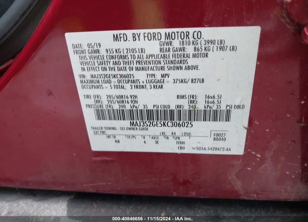 2019 FORD ECOSPORT SE VIN: MAJ3S2GE5KC306025