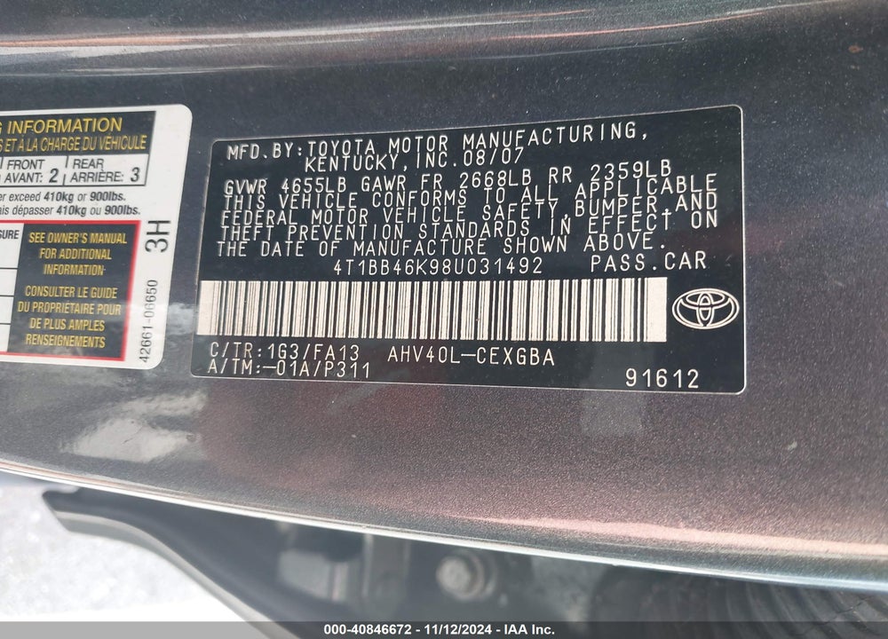 2008 TOYOTA CAMRY HYBRID VIN: 4T1BB46K98U031492