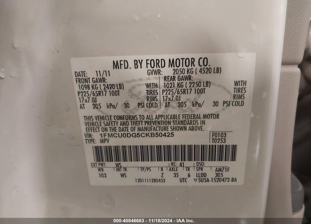 2012 FORD ESCAPE XLT VIN: 1FMCU0DG5CKB50425