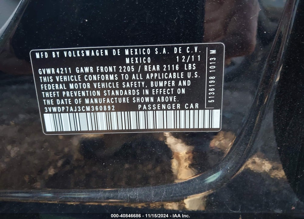 2012 VOLKSWAGEN JETTA 2.5L SE VIN: 3VWDP7AJ3CM360892
