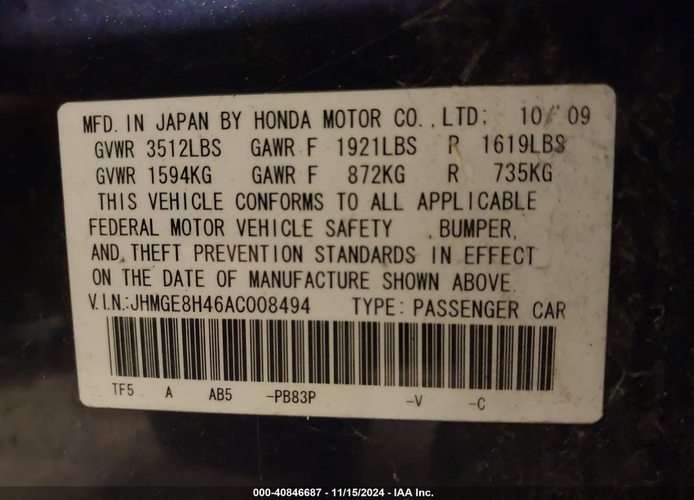 2010 HONDA FIT SPORT VIN: JHMGE8H46AC008494