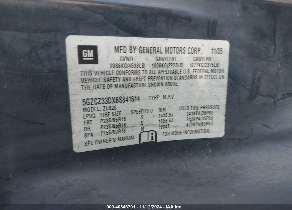 2006 SATURN VUE 4 CYL VIN: 5GZCZ33DX6S841614