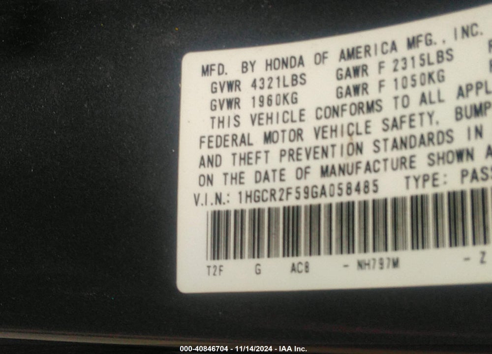 2016 HONDA ACCORD SPORT VIN: 1HGCR2F59GA058485