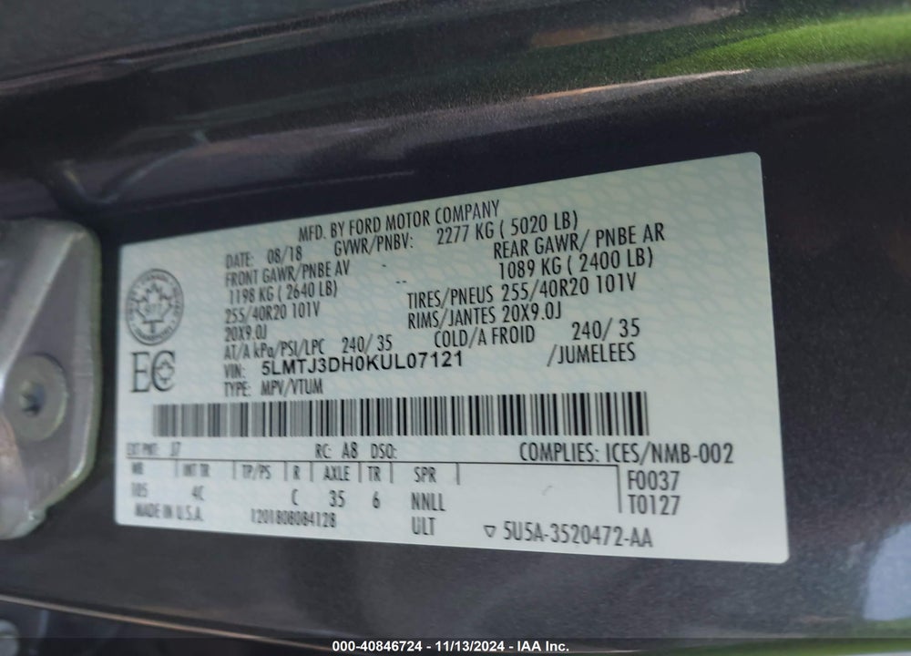 2019 LINCOLN MKC RESERVE VIN: 5LMTJ3DH0KUL07121