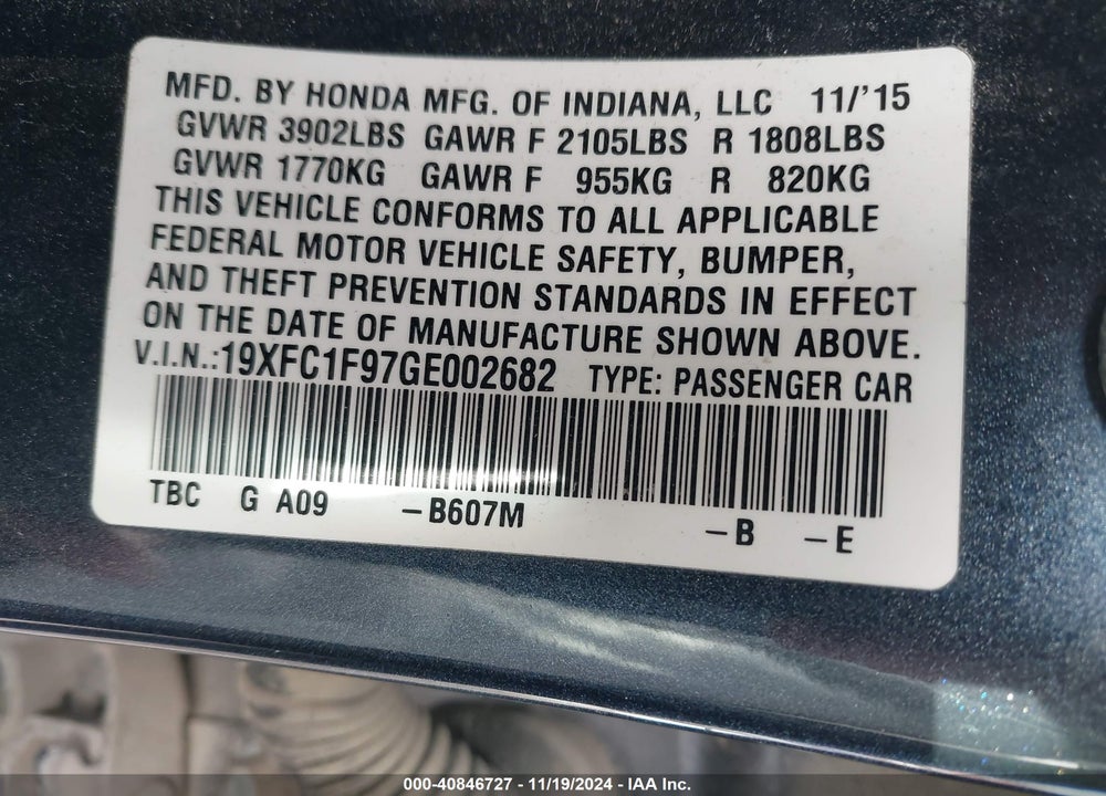 2016 HONDA CIVIC TOURING VIN: 19XFC1F97GE002682