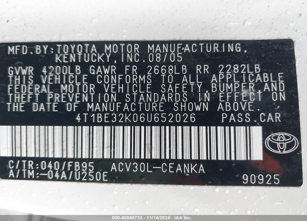 2006 TOYOTA CAMRY LE VIN: 4T1BE32K06U652026