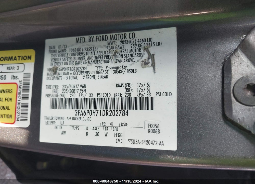 2013 FORD FUSION VIN: 3FA6P0H71DR202784