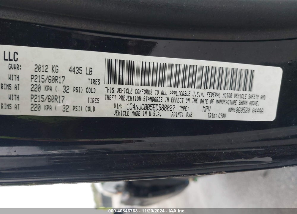 2014 JEEP COMPASS SPORT VIN: 1C4NJCBB5ED588027