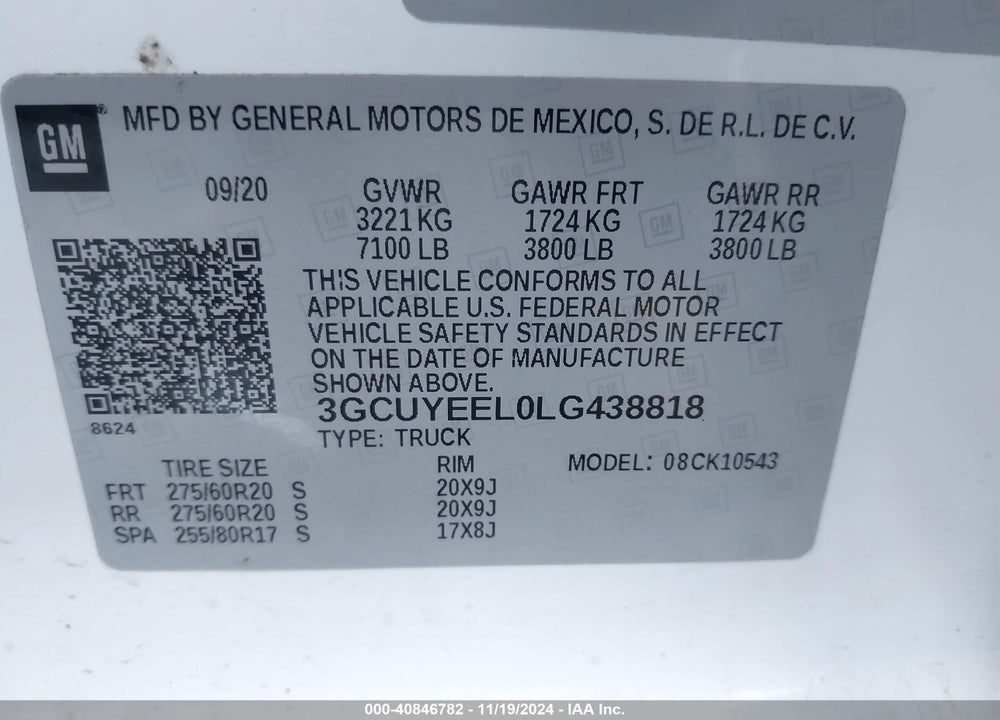 2020 CHEVROLET SILVERADO 1500 4WD SHORT BED RST VIN: 3GCUYEEL0LG438818