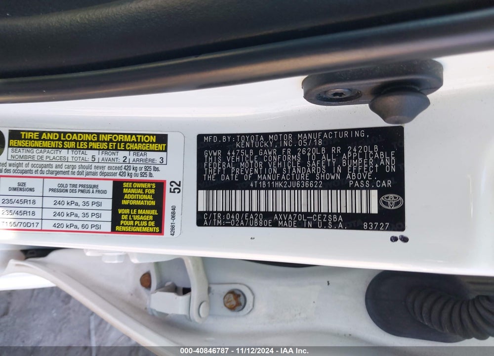 2018 TOYOTA CAMRY VIN: 4T1B11HK2JU636622