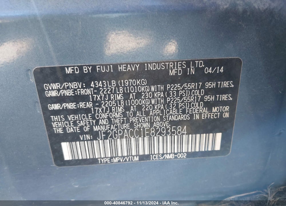 2014 SUBARU XV CROSSTREK VIN: JF2GPACC1E8293584