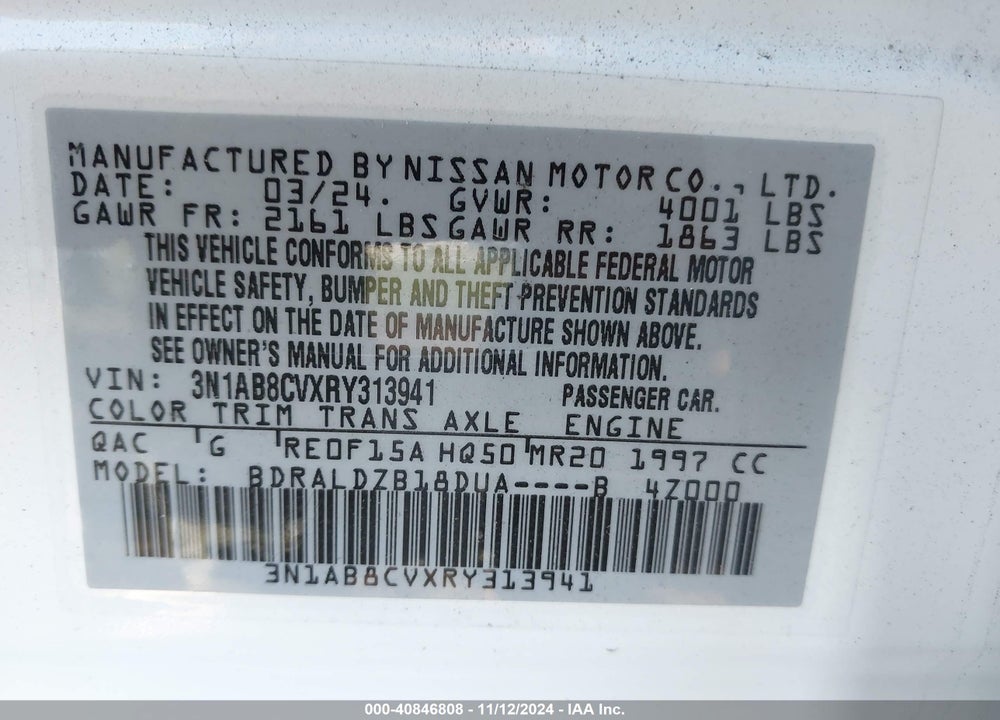 2024 NISSAN SENTRA SV XTRONIC CVT VIN: 3N1AB8CVXRY313941