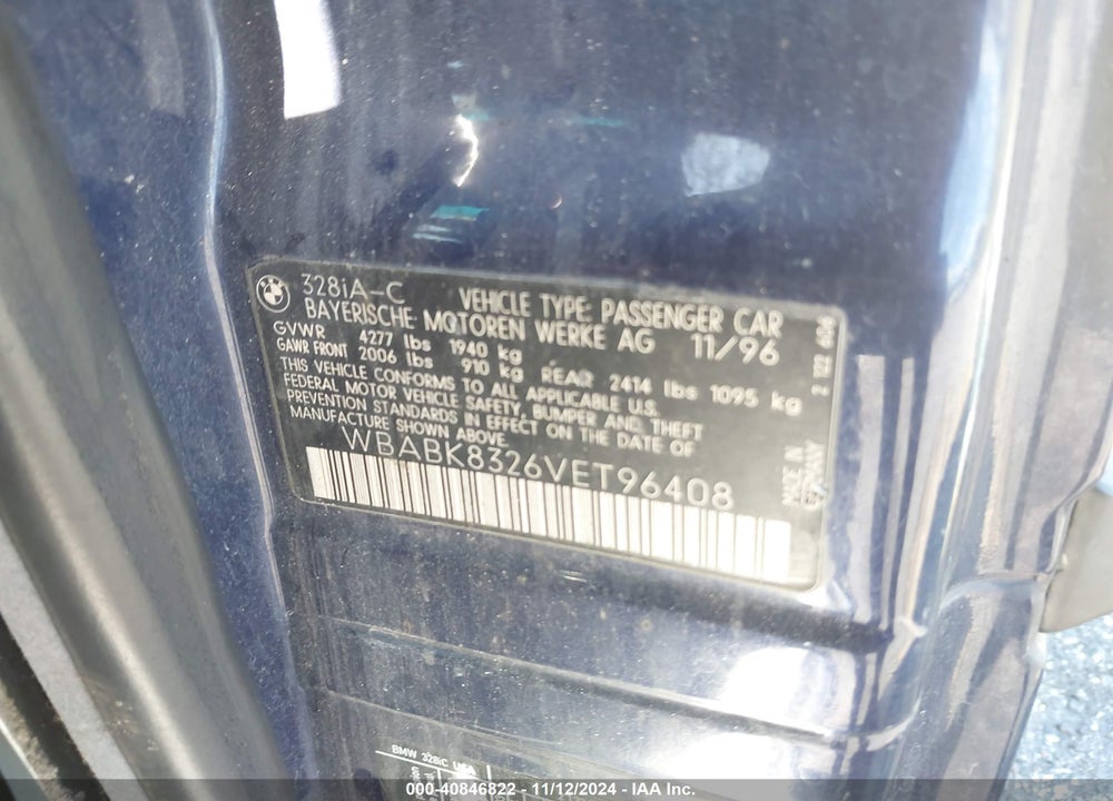1997 BMW 328IC VIN: WBABK8326VET96408