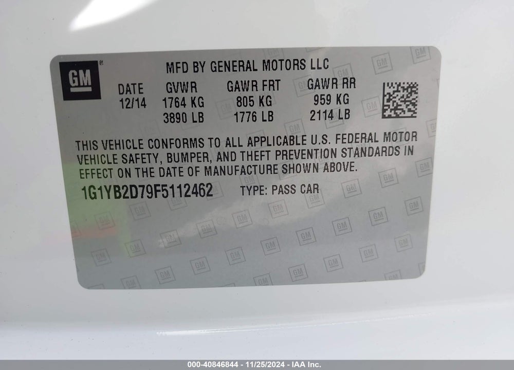 2015 CHEVROLET CORVETTE STINGRAY VIN: 1G1YB2D79F5112462