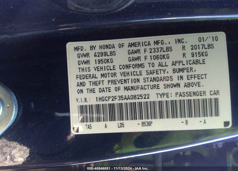 2010 HONDA ACCORD 2.4 LX VIN: 1HGCP2F35AA082522