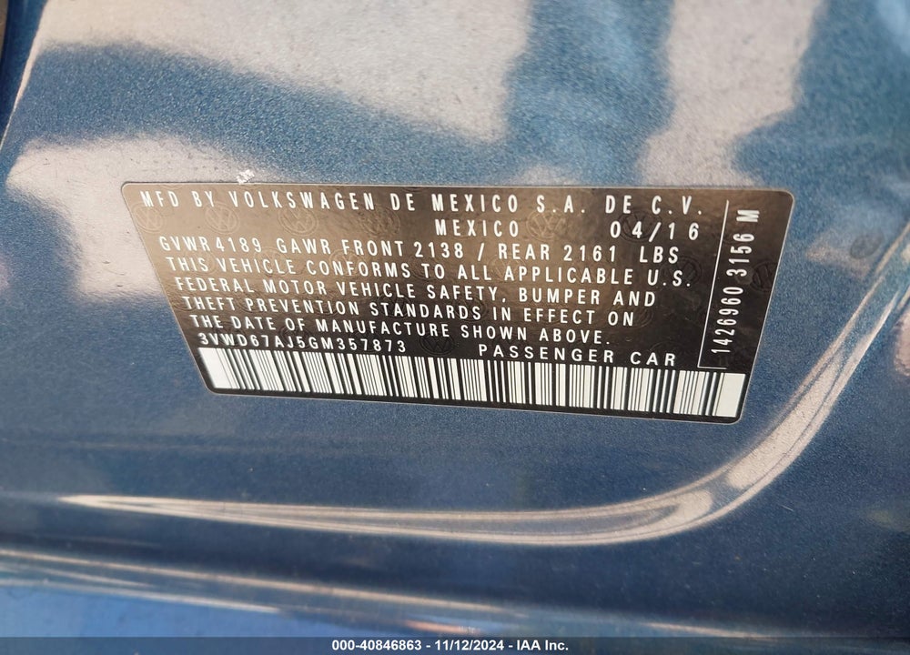 2016 VOLKSWAGEN JETTA 1.4T SE VIN: 3VWD67AJ5GM357873