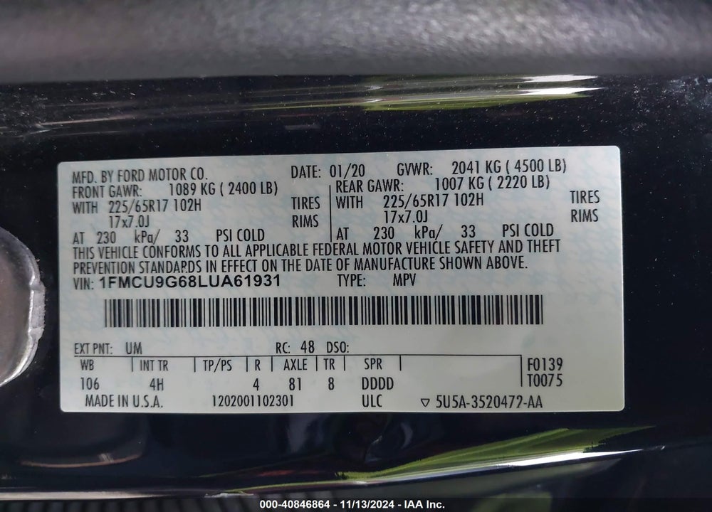 2020 FORD ESCAPE SE VIN: 1FMCU9G68LUA61931