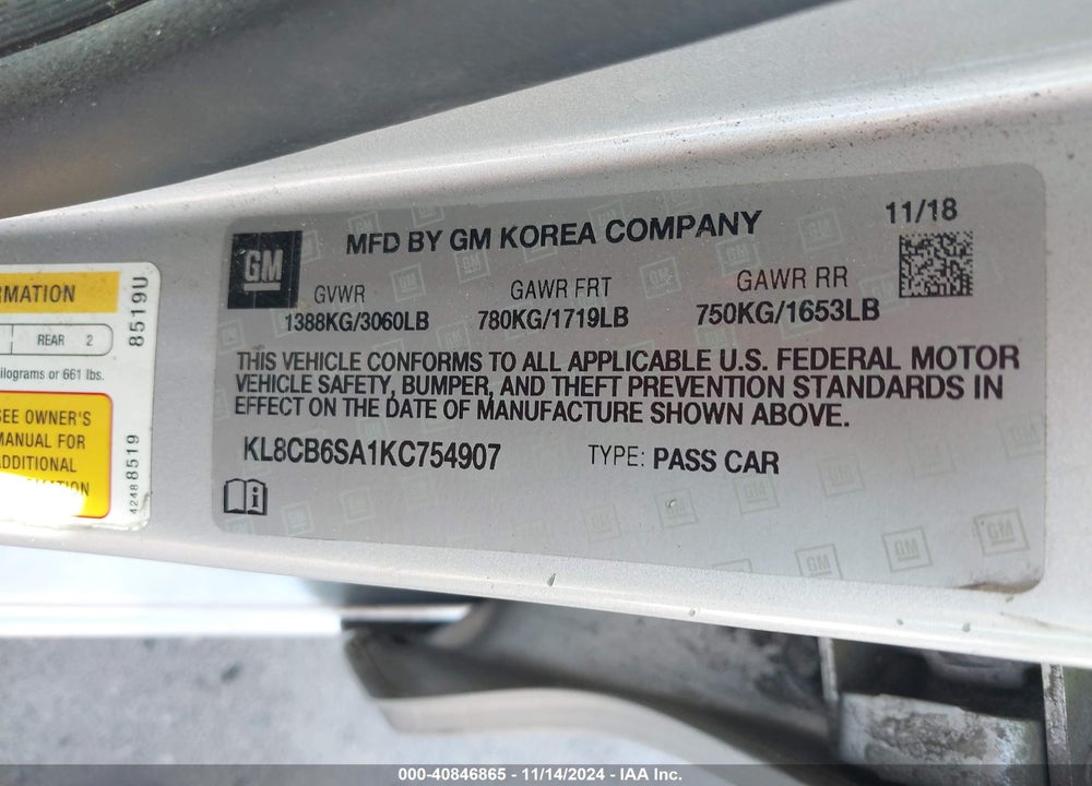 2019 CHEVROLET SPARK LS CVT VIN: KL8CB6SA1KC754907