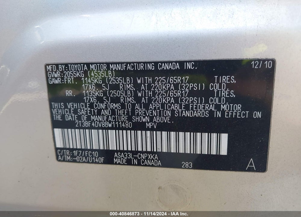2011 TOYOTA RAV4 VIN: 2T3BF4DV8BW111480