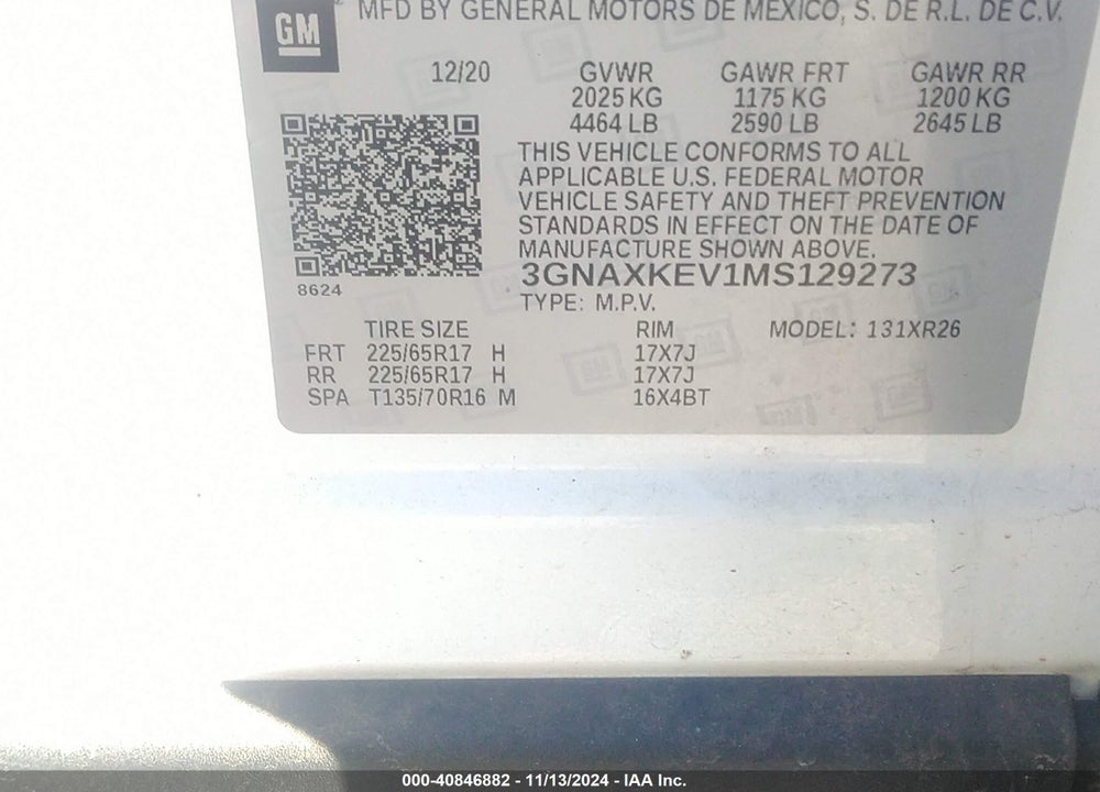 2021 CHEVROLET EQUINOX FWD LT VIN: 3GNAXKEV1MS129273