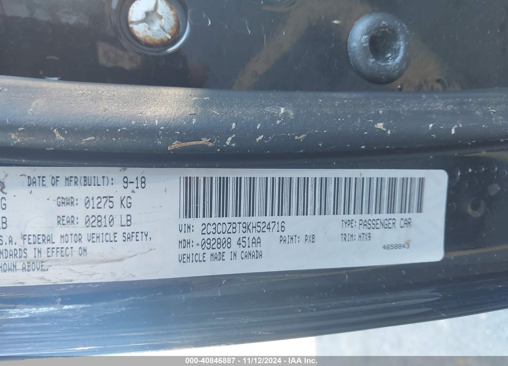 2019 DODGE CHALLENGER R/T VIN: 2C3CDZBT9KH524716