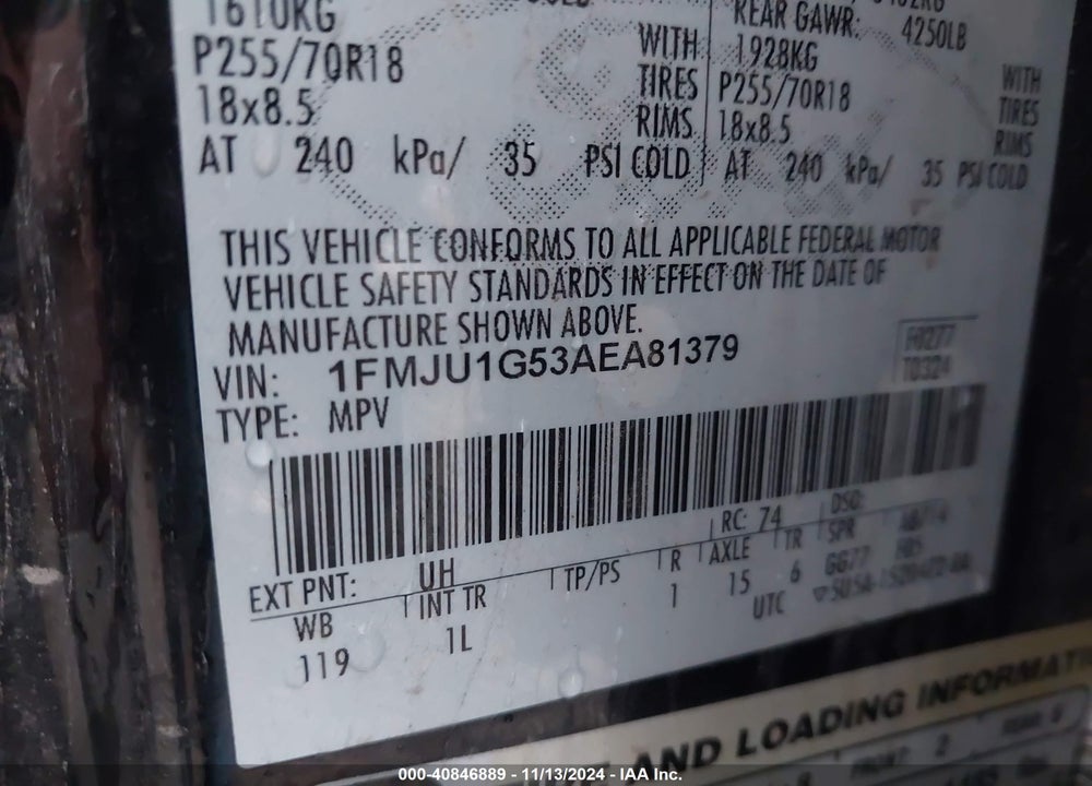 2010 FORD EXPEDITION XLT VIN: 1FMJU1G53AEA81379