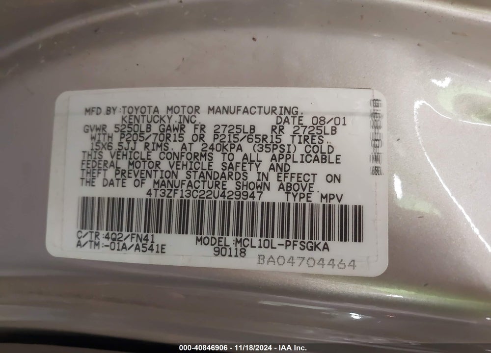 2002 TOYOTA SIENNA LE VIN: 4T3ZF13C22U429947