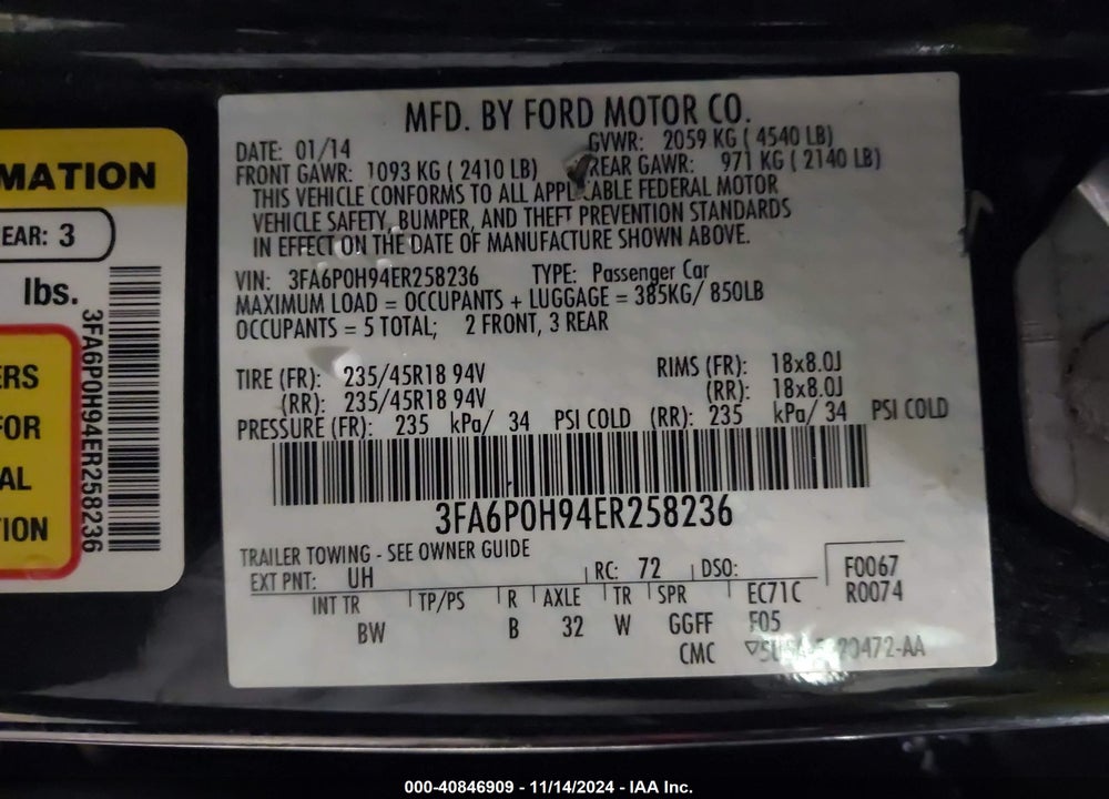 2014 FORD FUSION SE VIN: 3FA6P0H94ER258236