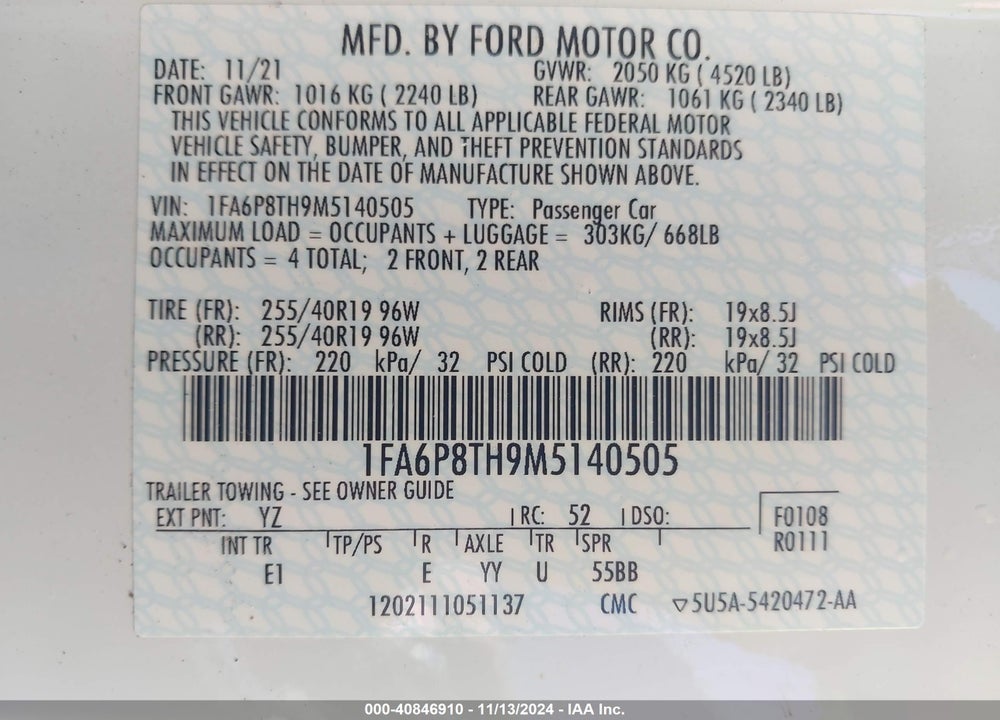 2021 FORD MUSTANG ECOBOOST PREMIUM VIN: 1FA6P8TH9M5140505
