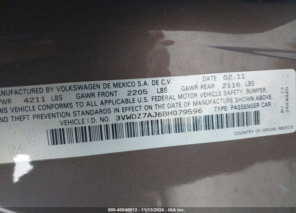 2011 VOLKSWAGEN JETTA 2.5L SE VIN: 3VWDZ7AJ6BM079596