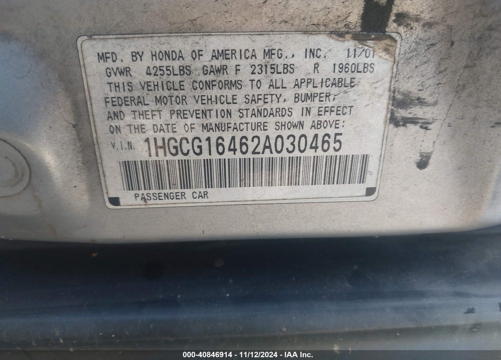 2002 HONDA ACCORD 3.0 LX VIN: 1HGCG16462A030465