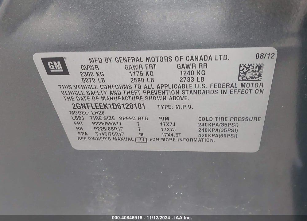 2013 CHEVROLET EQUINOX 1LT VIN: 2GNFLEEK1D6128101
