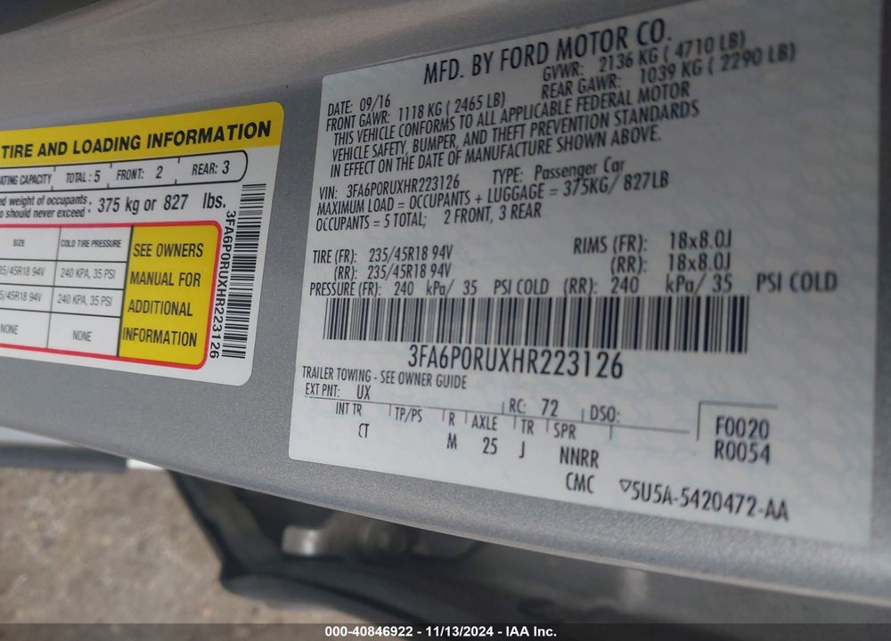 2017 FORD FUSION HYBRID TITANIUM VIN: 3FA6P0RUXHR223126