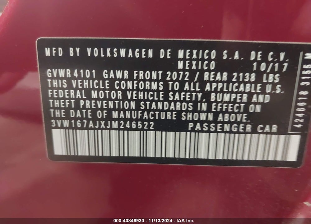 2018 VOLKSWAGEN JETTA 1.4T S VIN: 3VW167AJXJM246522