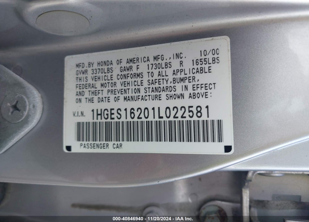 2001 HONDA CIVIC DX VIN: 1HGES16201L022581