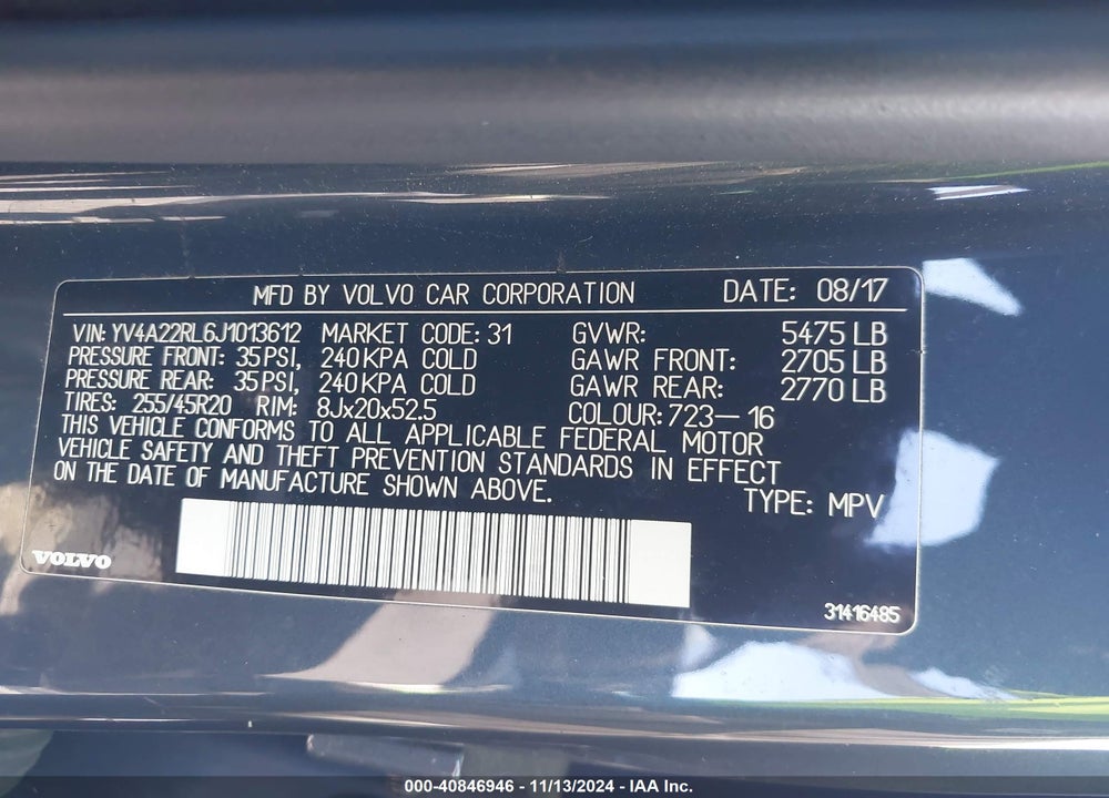 2018 VOLVO XC60 T6 INSCRIPTION VIN: YV4A22RL6J1013612